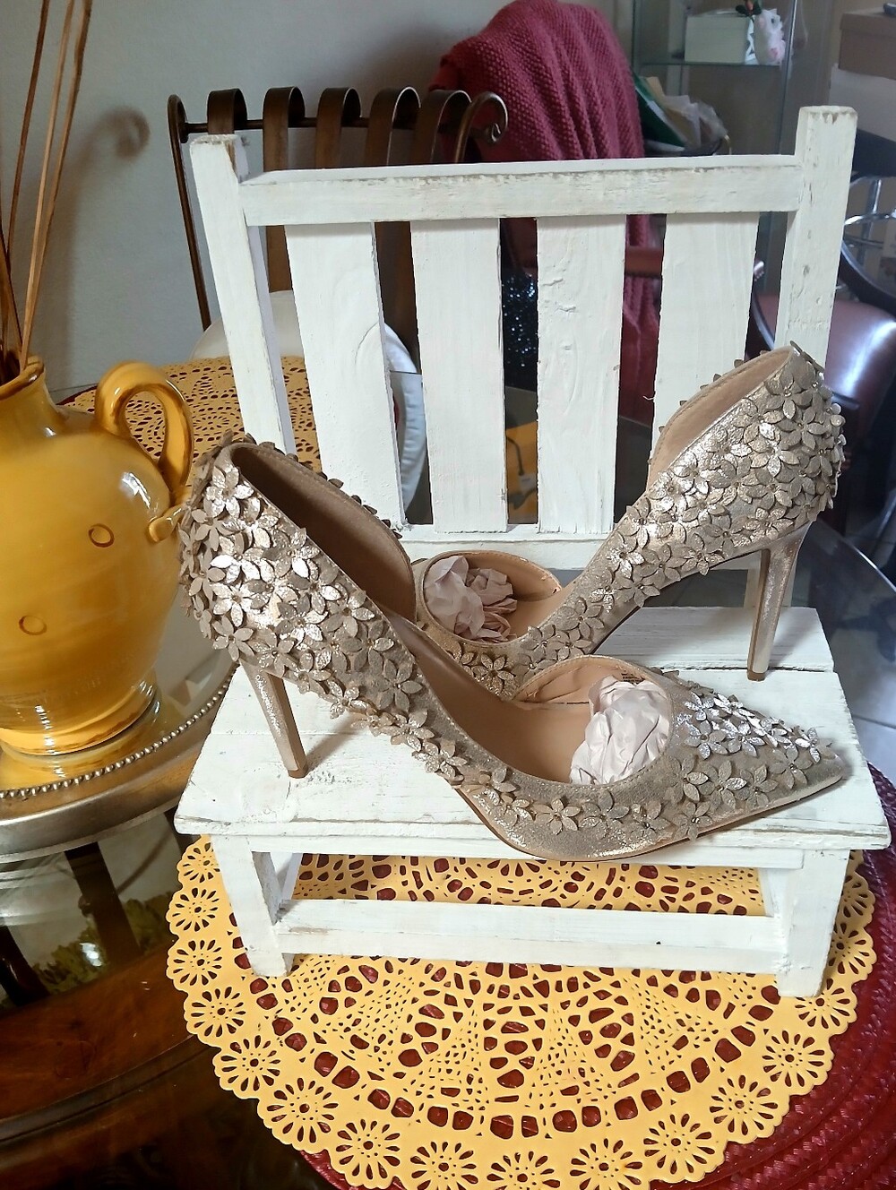 INC Metallic Gold Floral Appliqué Pumps